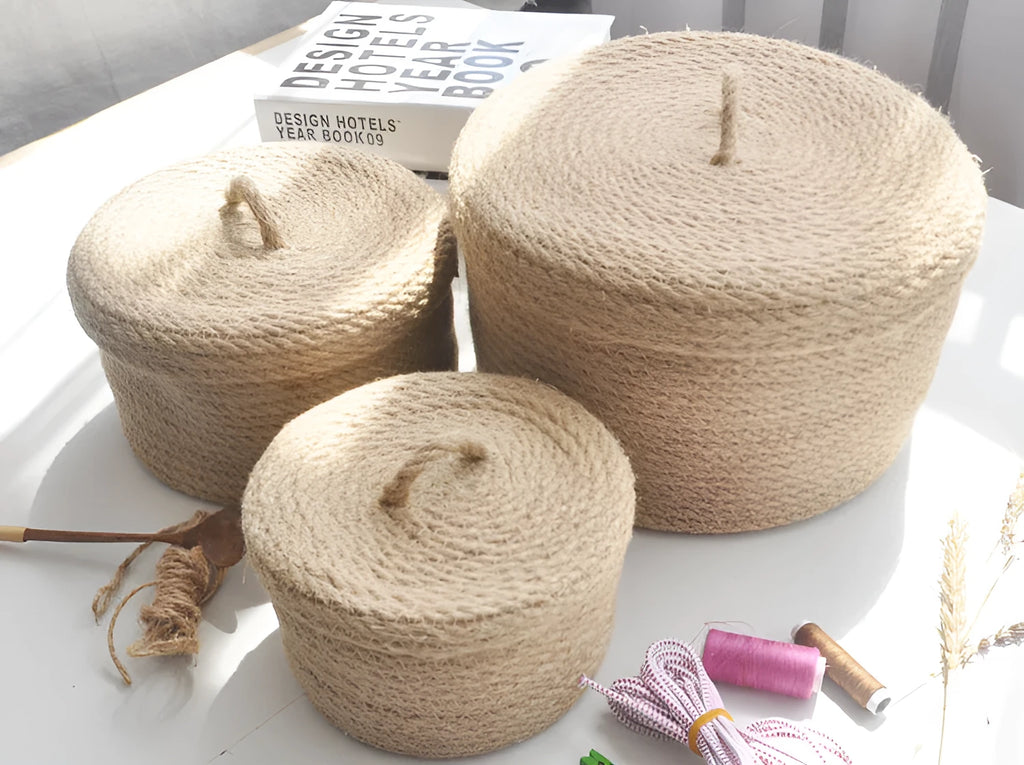 Japanese style linen fabric storage basket with dustproof cover in three sizes