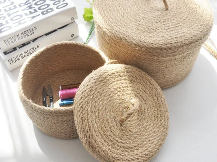 Japanese style linen fabric storage basket with dustproof cover in three sizes