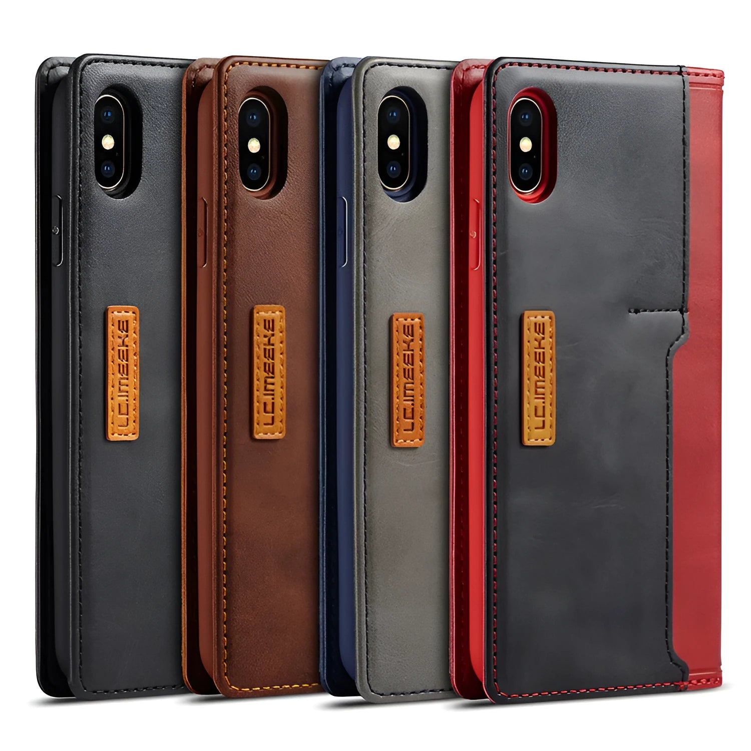 Retro leather wallet phone case in khaki brown showing flip cover open with card slots and iPhone compatibility