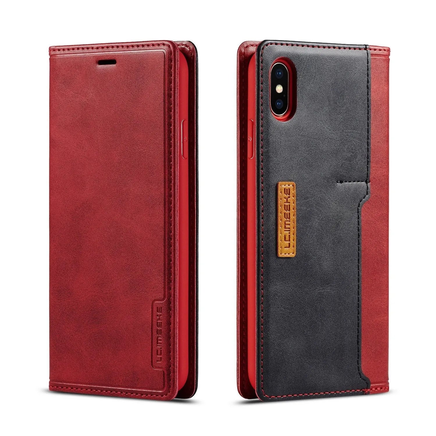 Retro leather wallet phone case in khaki brown showing flip cover open with card slots and iPhone compatibility