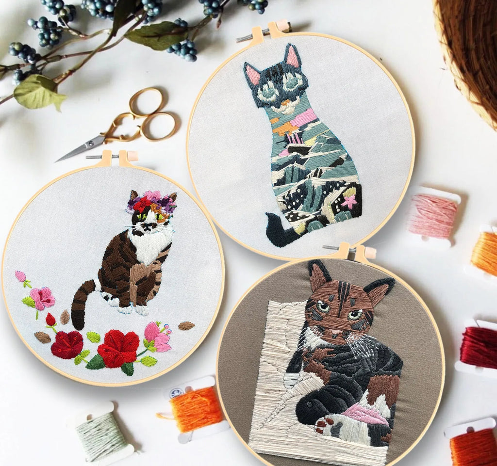 DIY cat embroidery kit with 15cm hoop and three-dimensional European embroidery materials