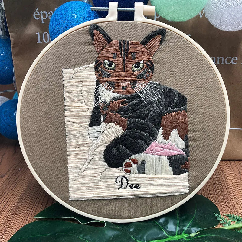 DIY cat embroidery kit with 15cm hoop and three-dimensional European embroidery materials
