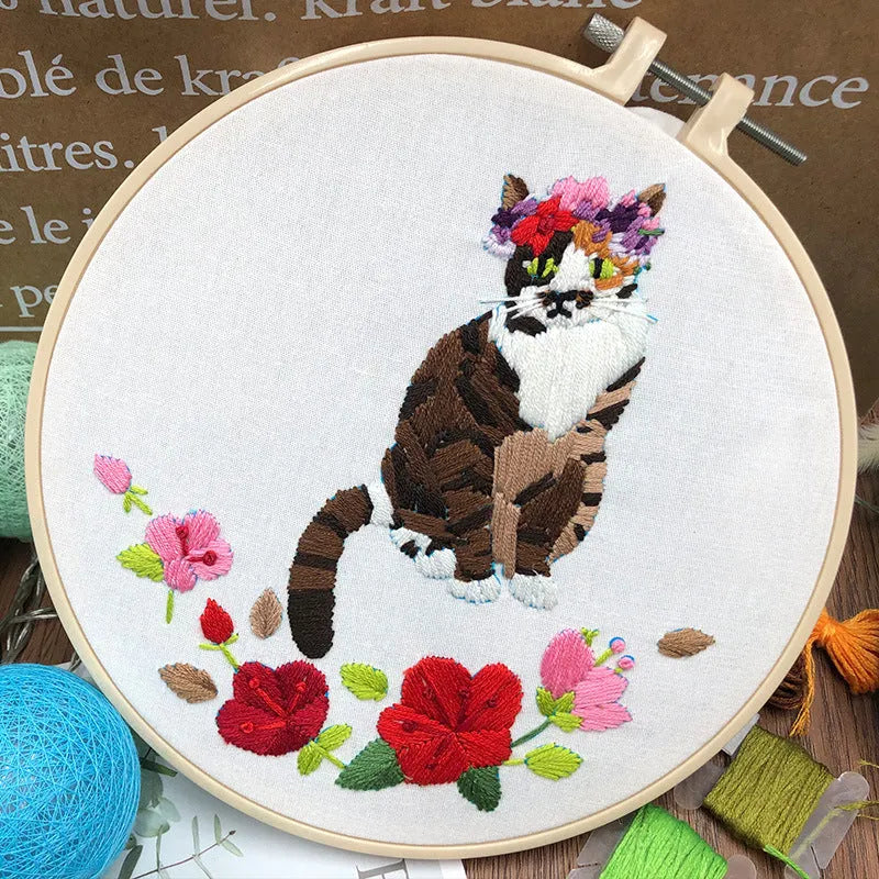 DIY cat embroidery kit with 15cm hoop and three-dimensional European embroidery materials