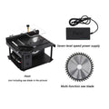 Black portable miniature table saw with sliding mechanism and 110mm blade for woodworking