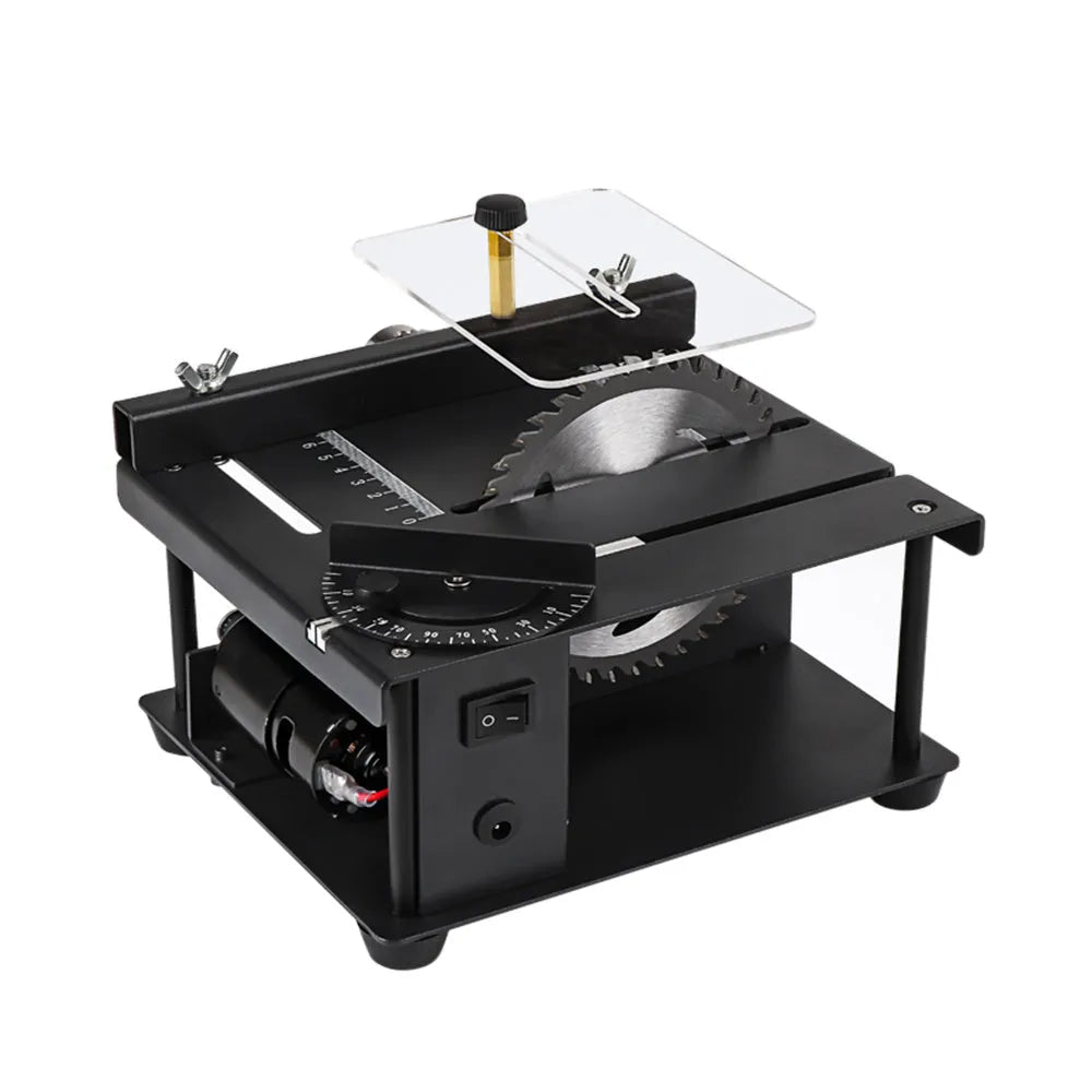 Black portable miniature table saw with sliding mechanism and 110mm blade for woodworking