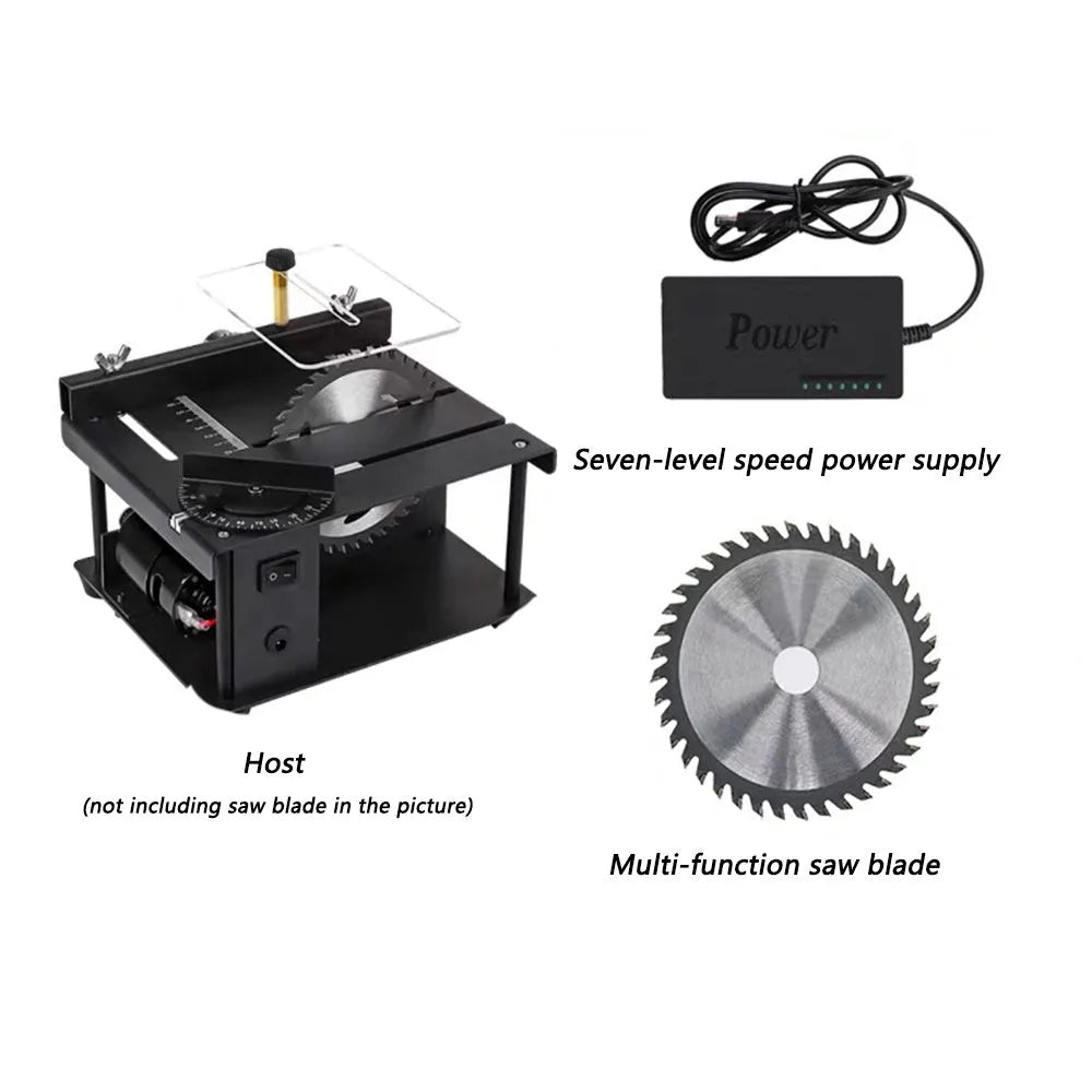 Black portable miniature table saw with sliding mechanism and 110mm blade for woodworking