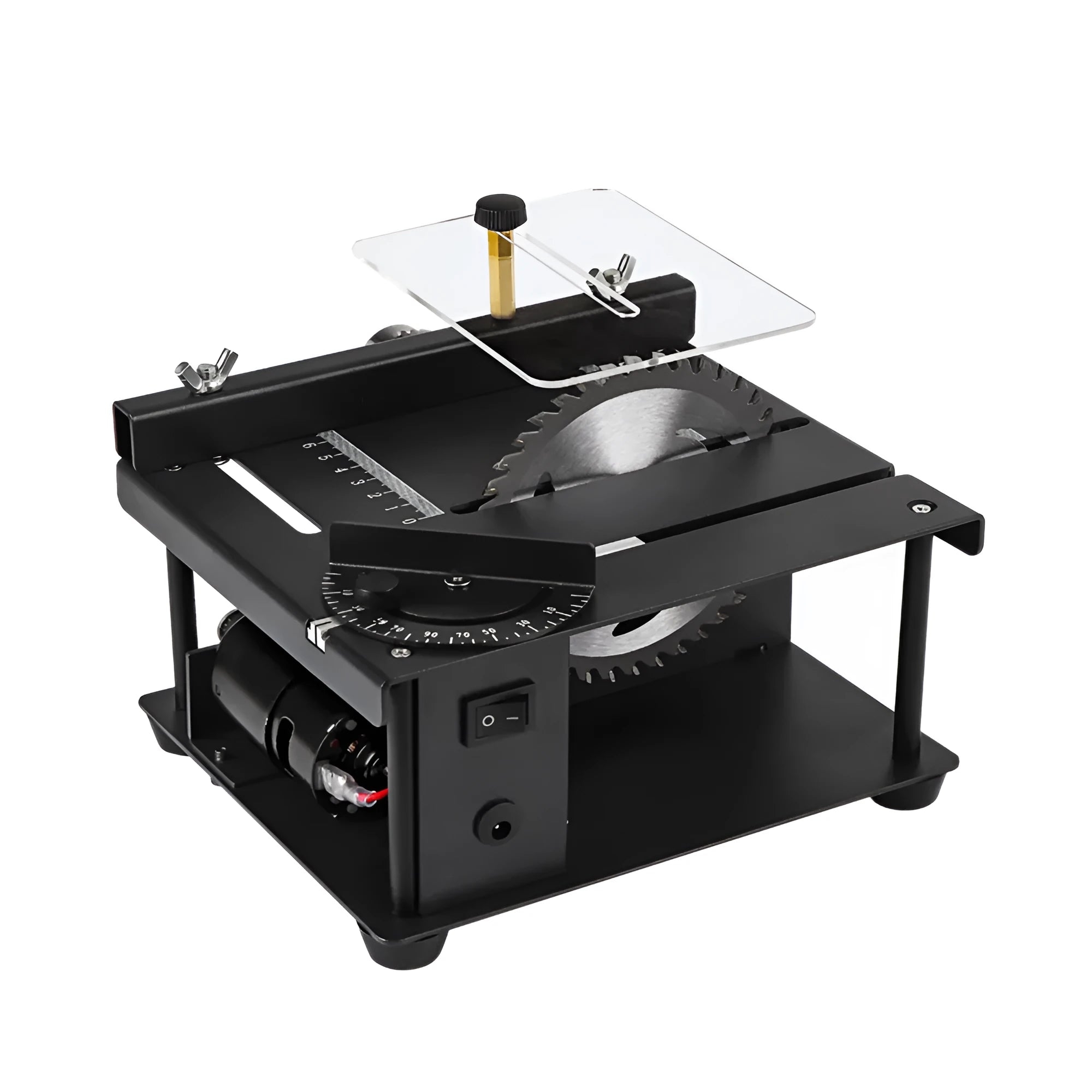 Black portable miniature table saw with sliding mechanism and 110mm blade for woodworking