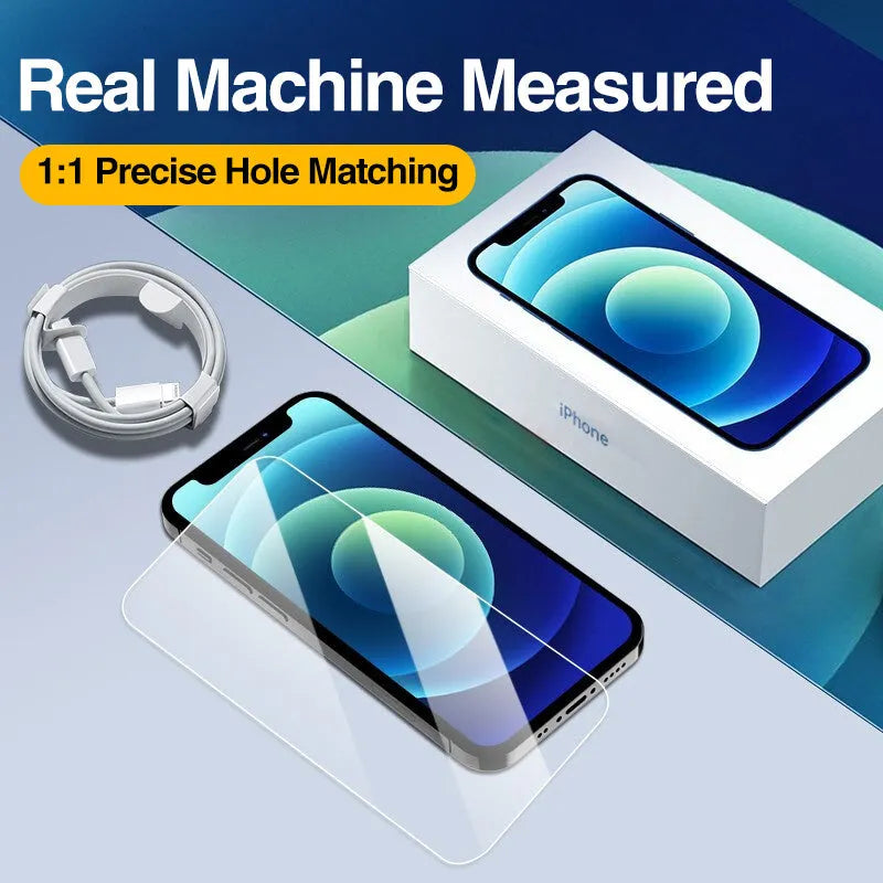 Four transparent tempered glass screen protectors for Apple iPhone models on a clean surface.