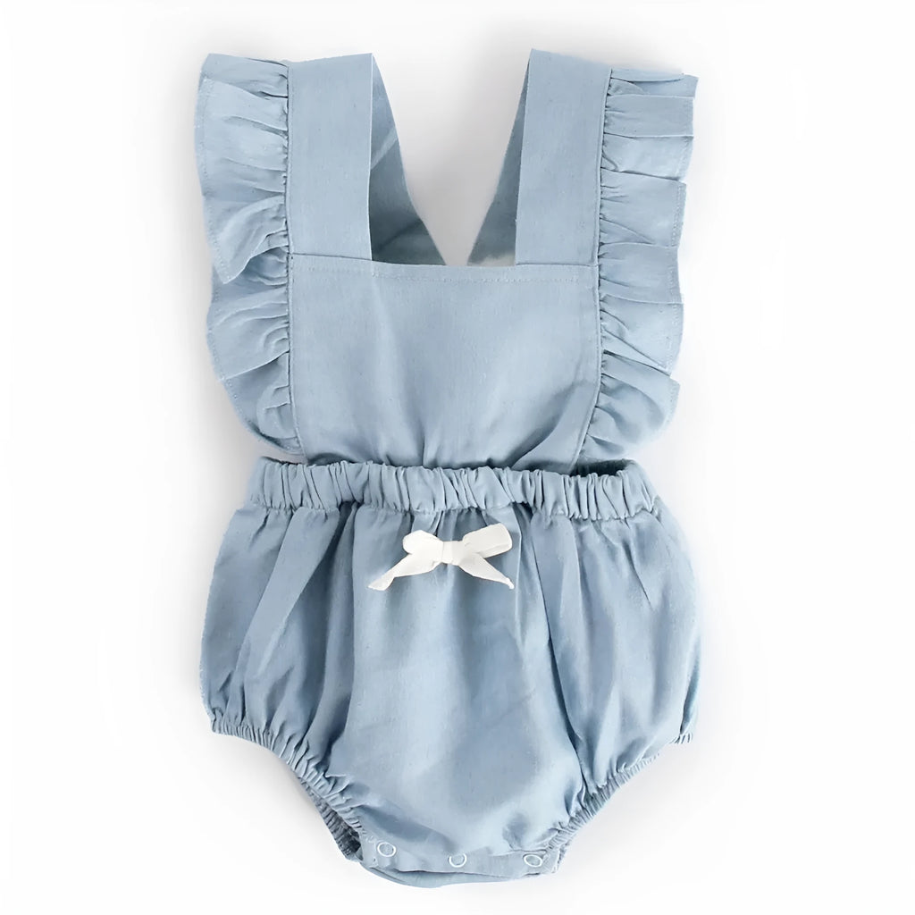Blue denim baby one-piece bodysuit romper sleeveless with lace trim on white background