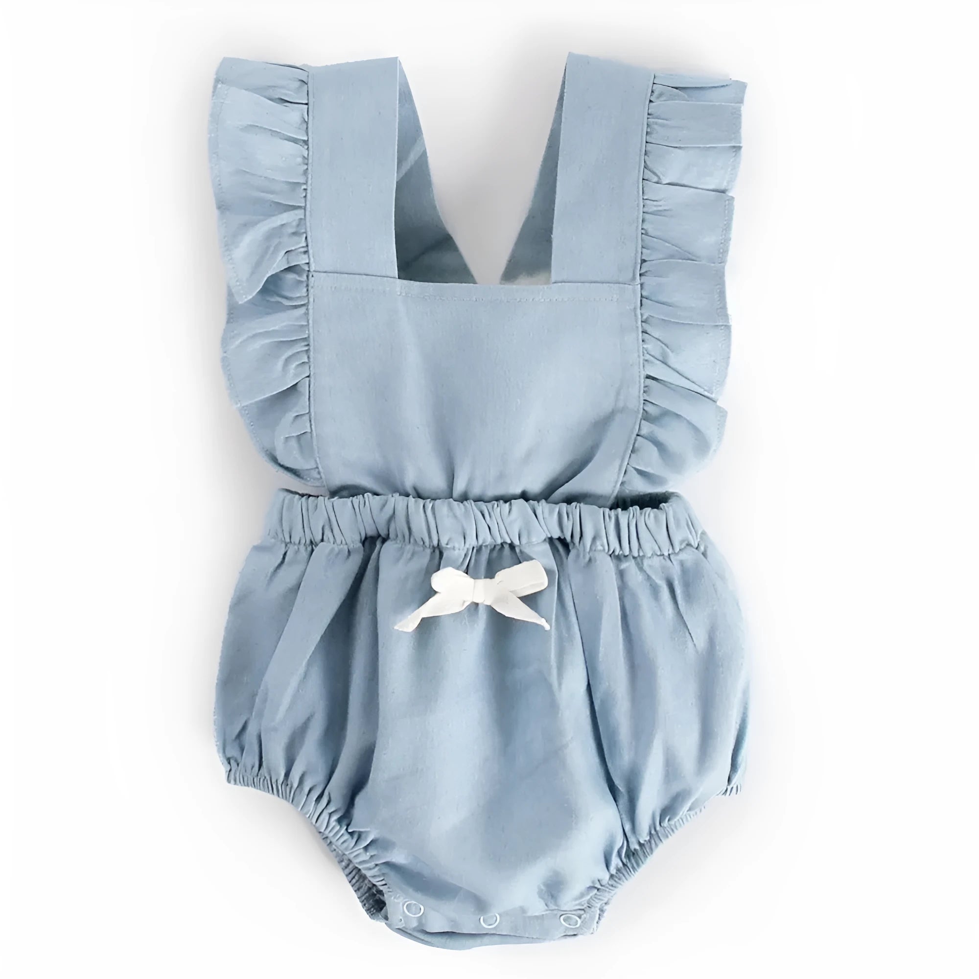 Blue denim baby one-piece bodysuit romper sleeveless with lace trim on white background