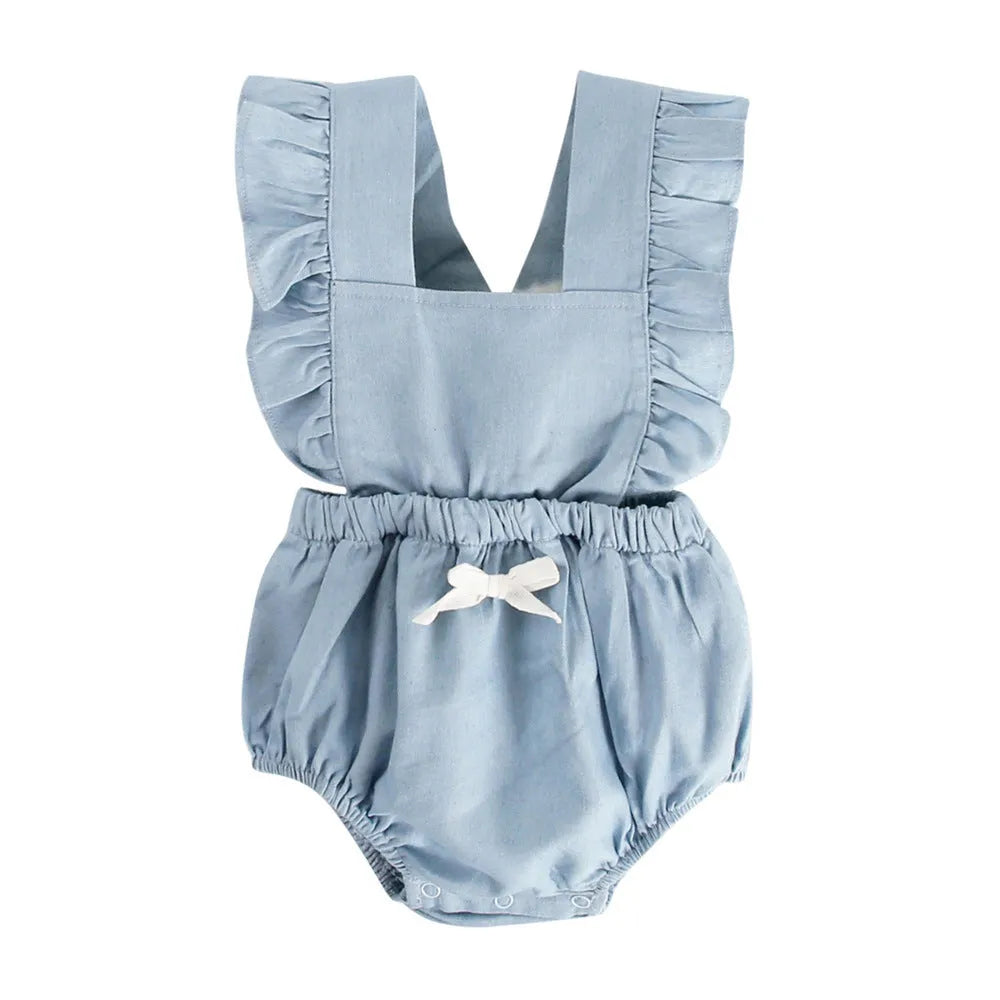 Blue denim baby one-piece bodysuit romper sleeveless with lace trim on white background
