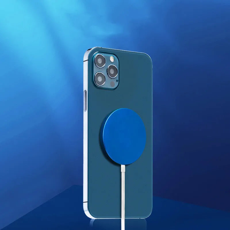 Magsafe magnetic wireless charger for iPhone 12 and 13 series in silver, black, blue, or red colour