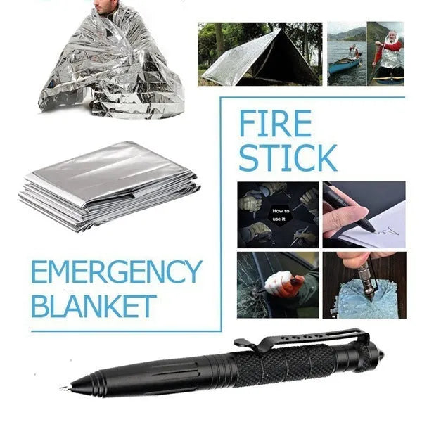 13-piece black outdoor survival tool set displayed with shockproof case open, showing compass, flashlight, saber, and blanket.