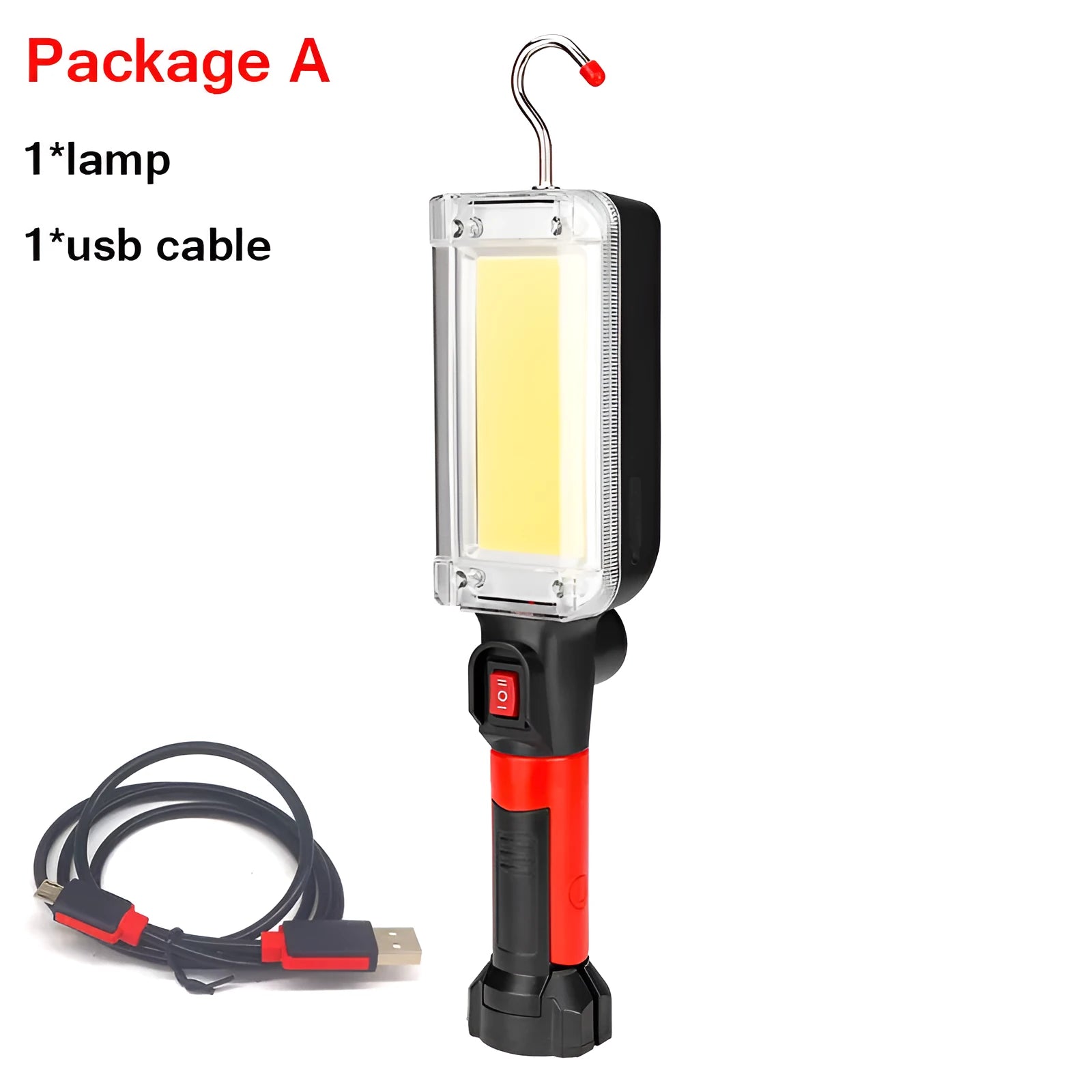 COB red portable flashlight with magnetic hook and USB charging cable