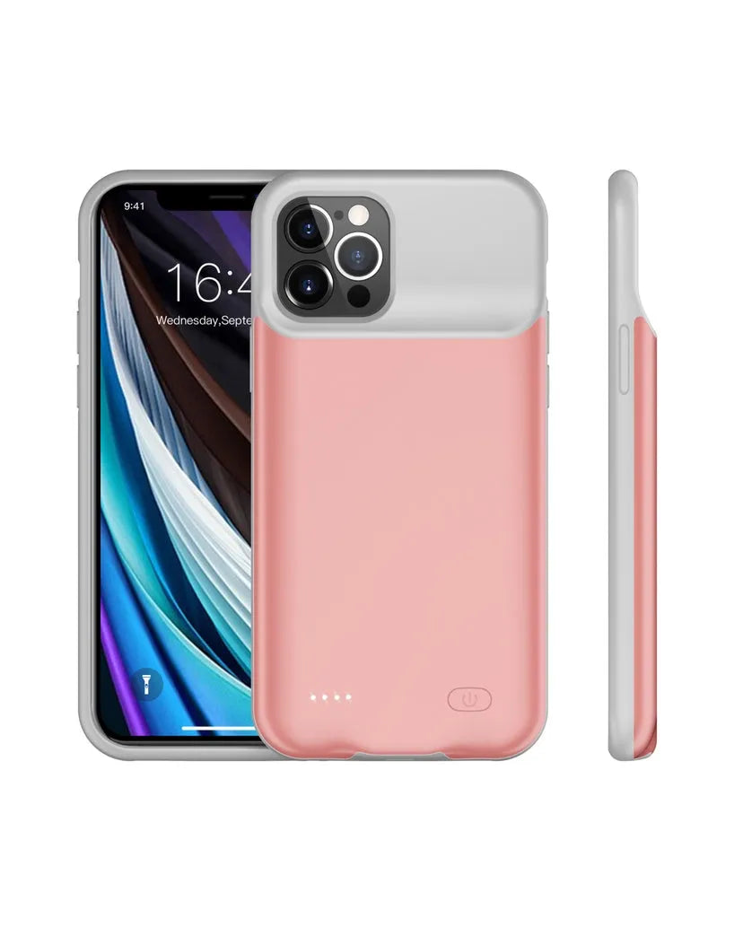 Shockproof silicone iPhone battery charger case in black, blue, pink, or white showing extra power capacity.