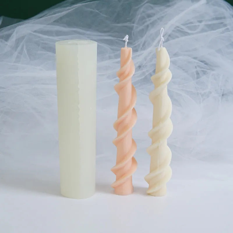 Silicone candle mould for making spiral lace rod decorative pillar candles.