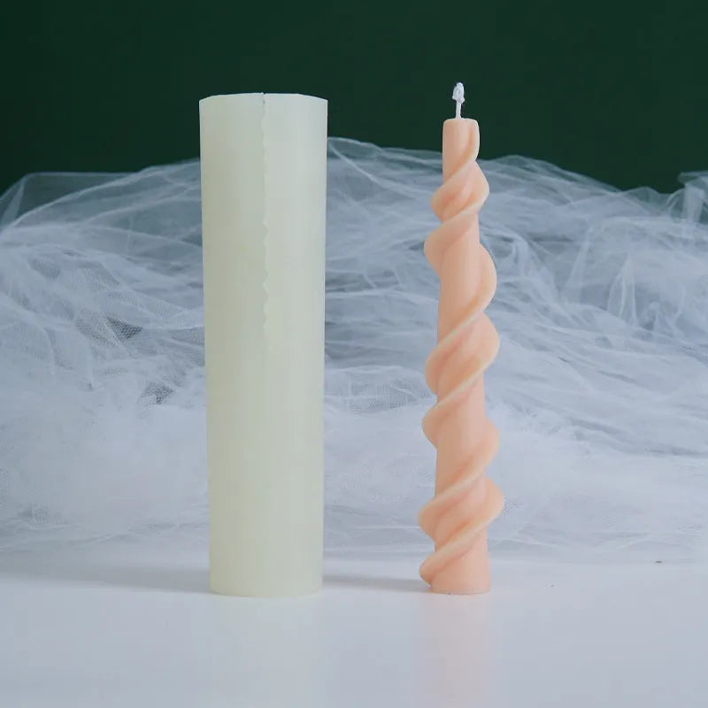 Silicone candle mould for making spiral lace rod decorative pillar candles.