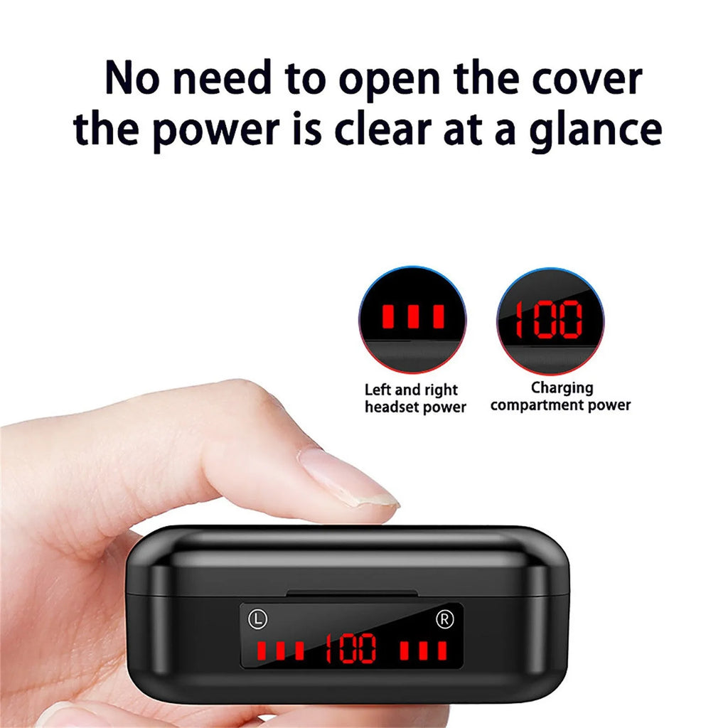V7 LED button version wireless Bluetooth headset with charging case and three different sized silicone ear tips