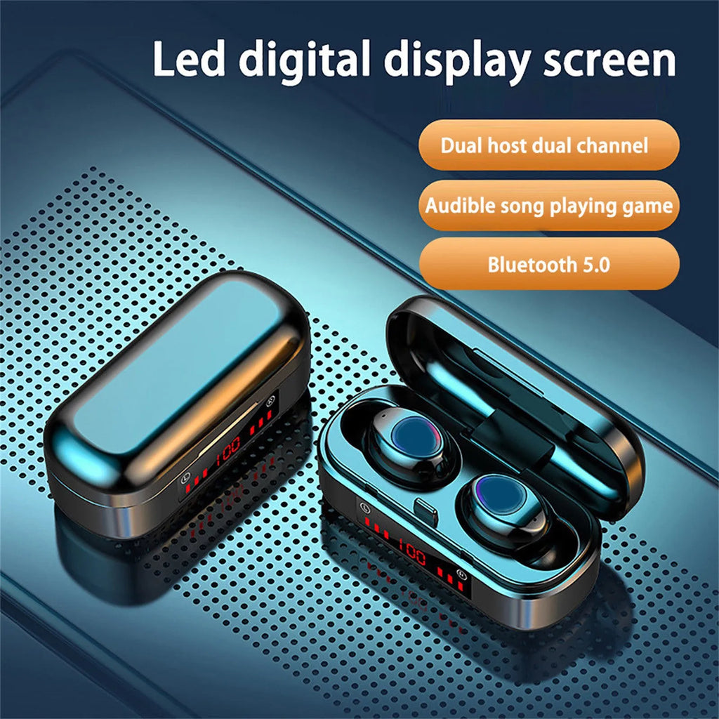V7 LED button version wireless Bluetooth headset with charging case and three different sized silicone ear tips