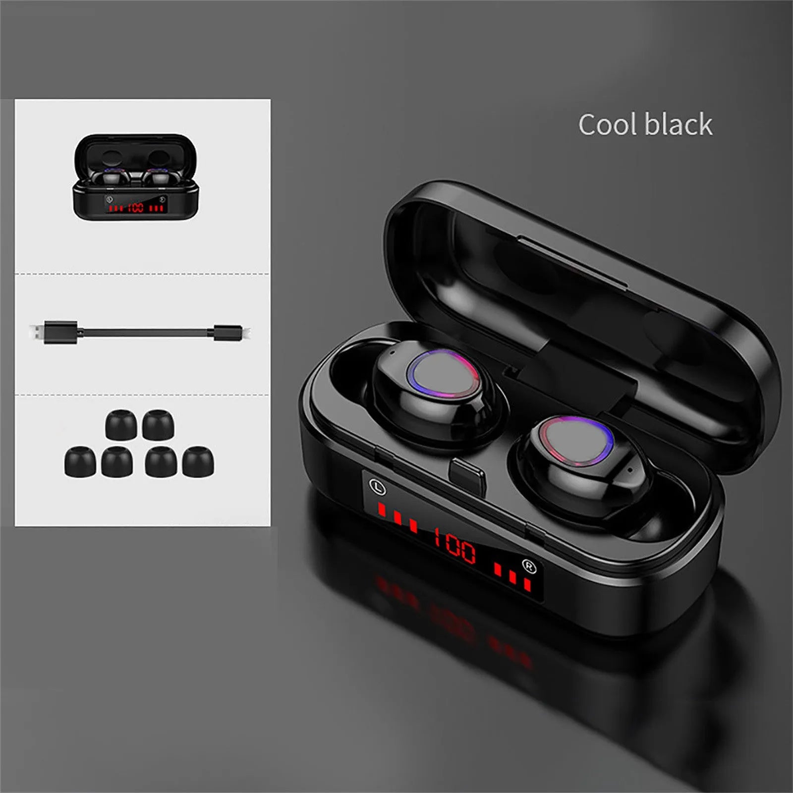 V7 LED button version wireless Bluetooth headset with charging case and three different sized silicone ear tips