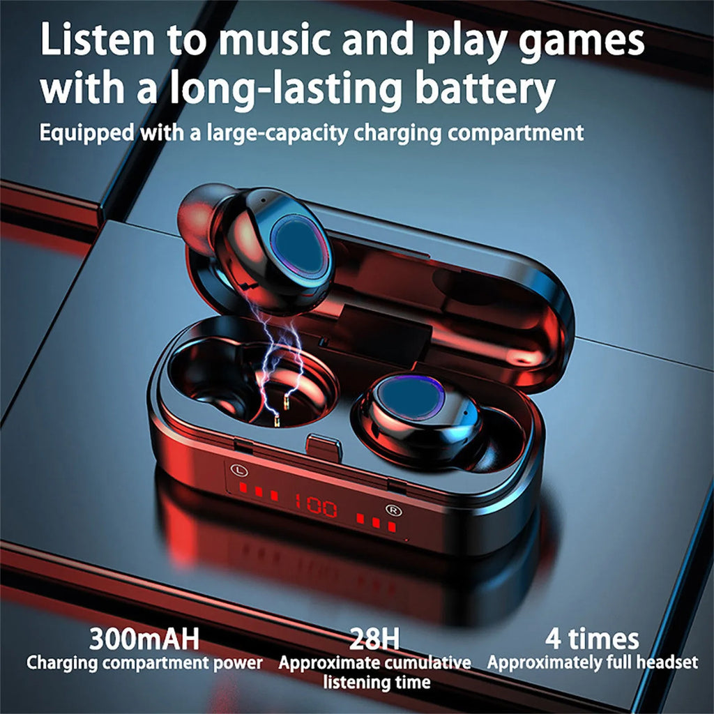 V7 LED button version wireless Bluetooth headset with charging case and three different sized silicone ear tips