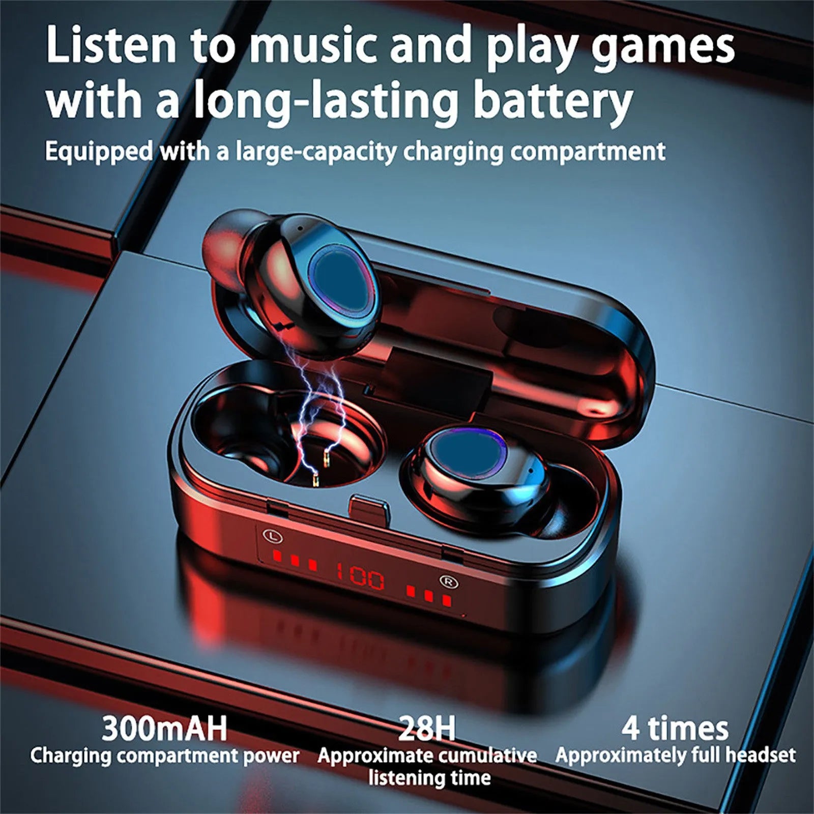 V7 LED button version wireless Bluetooth headset with charging case and three different sized silicone ear tips