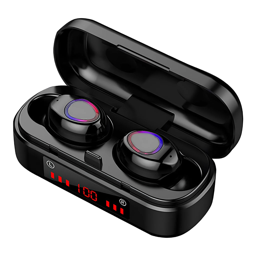 V7 LED button version wireless Bluetooth headset with charging case and three different sized silicone ear tips