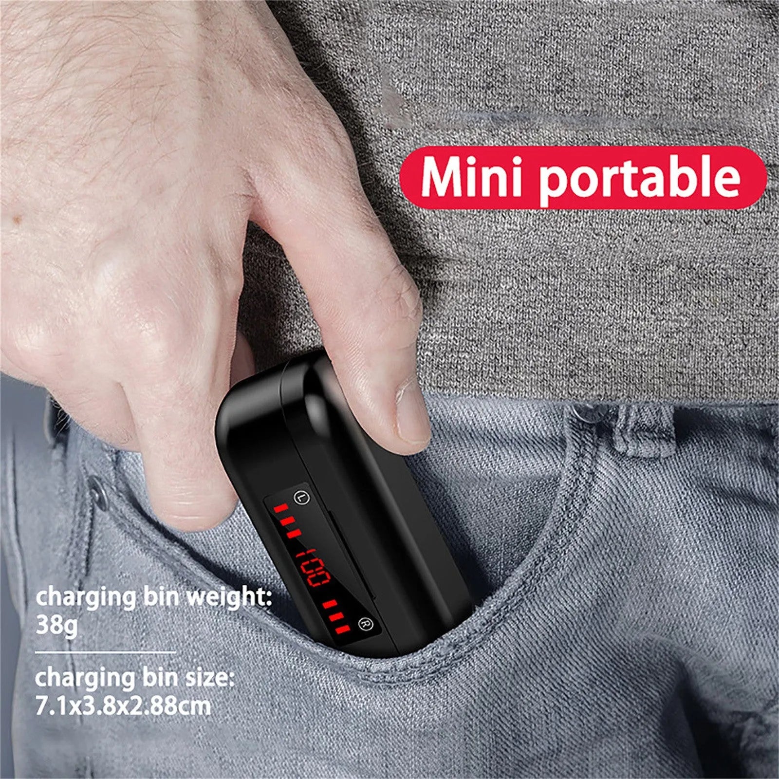 V7 LED button version wireless Bluetooth headset with charging case and three different sized silicone ear tips