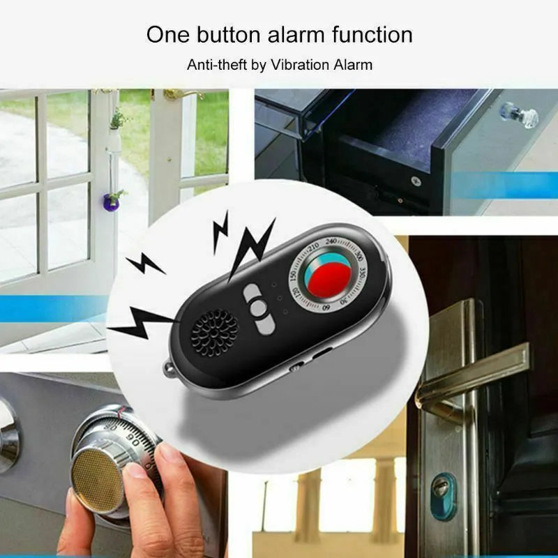 Compact wireless signal detector with vibration alarm for travel security and anti-theft protection
