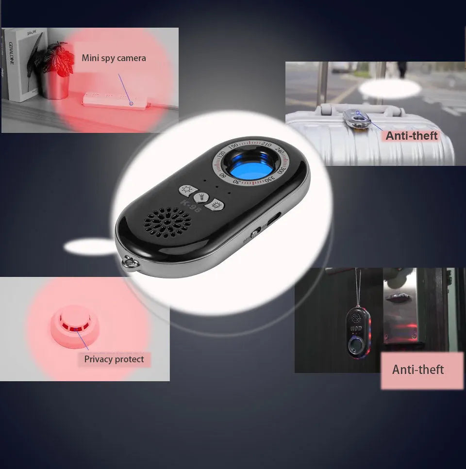 Compact wireless signal detector with vibration alarm for travel security and anti-theft protection