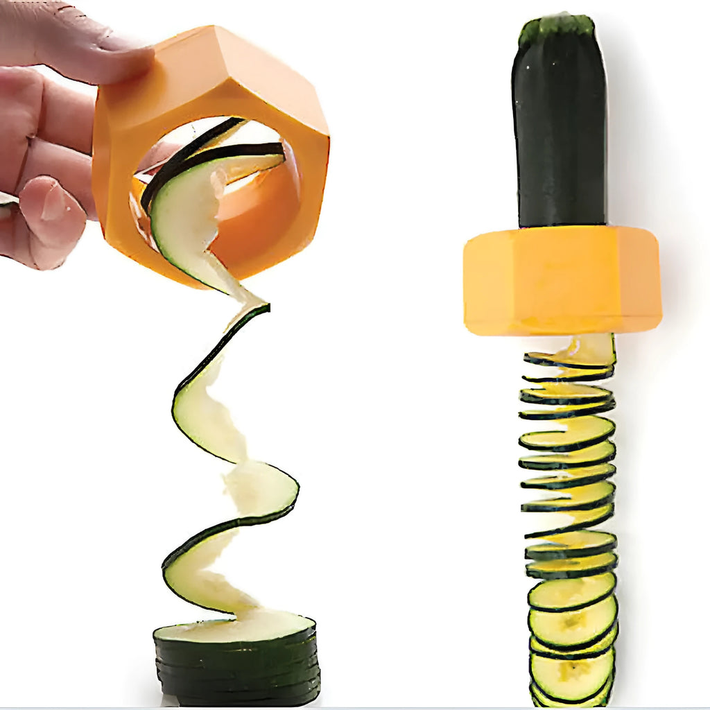 Yellow and green food-grade ABS plastic vegetable cutter with 8cm diameter on a kitchen worktop.