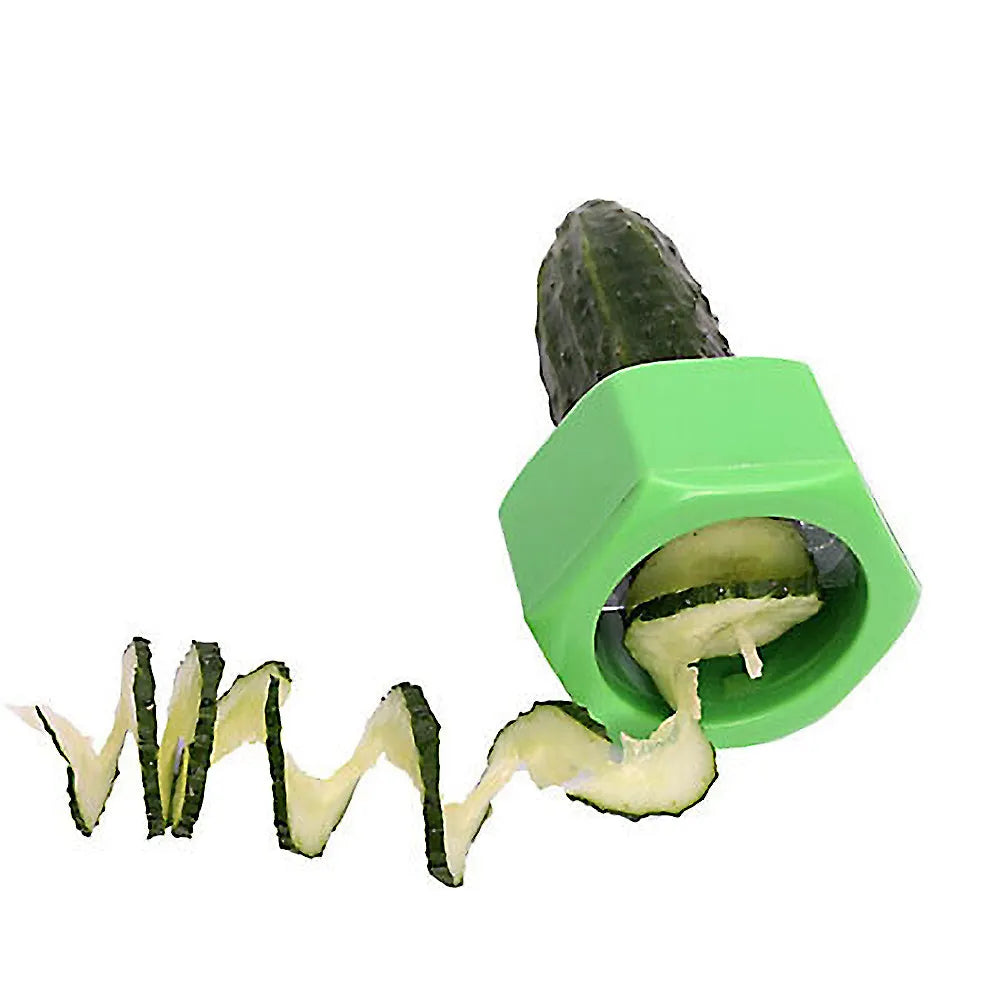 Yellow and green food-grade ABS plastic vegetable cutter with 8cm diameter on a kitchen worktop.