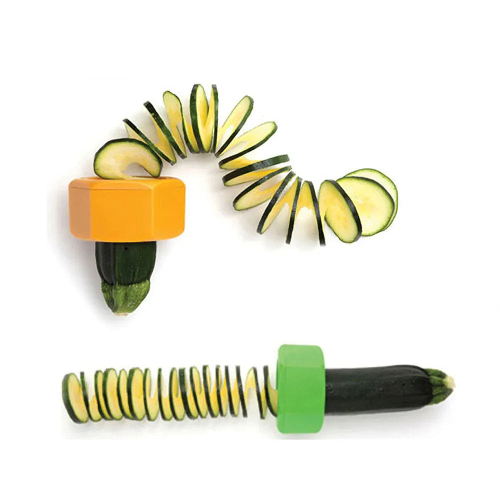 Yellow and green food-grade ABS plastic vegetable cutter with 8cm diameter on a kitchen worktop.