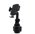 Black universal car dashboard phone holder with 360-degree rotating head and adjustable height on a car dashboard.