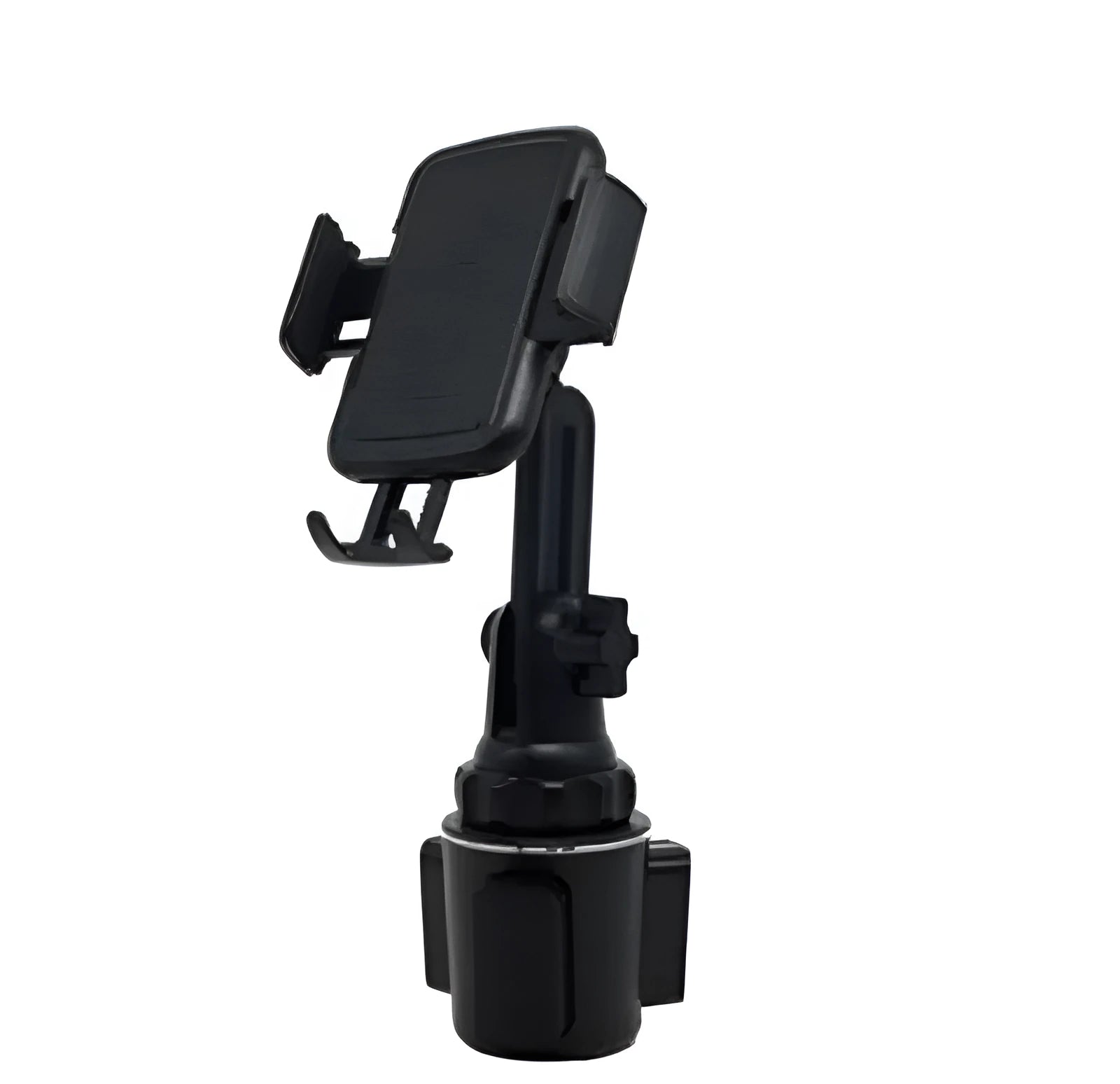Black universal car dashboard phone holder with 360-degree rotating head and adjustable height on a car dashboard.