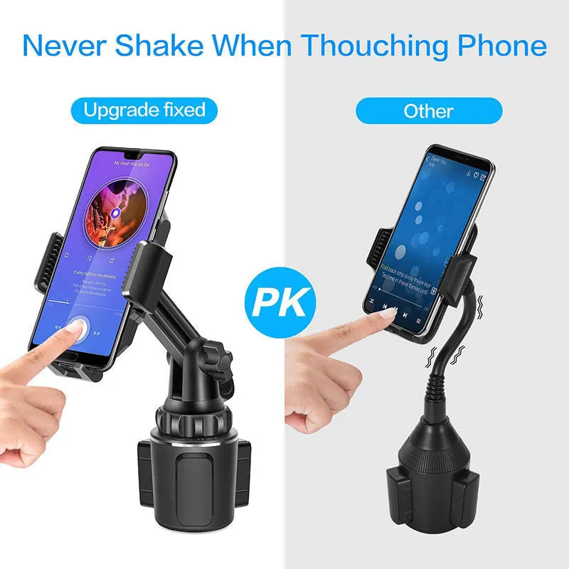 Black universal car dashboard phone holder with 360-degree rotating head and adjustable height on a car dashboard.