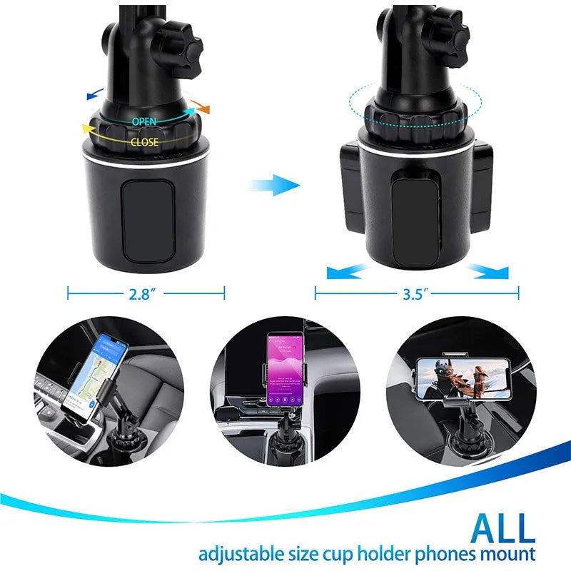 Black universal car dashboard phone holder with 360-degree rotating head and adjustable height on a car dashboard.