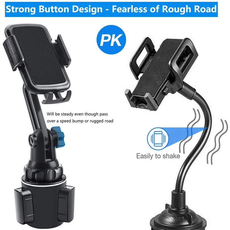 Black universal car dashboard phone holder with 360-degree rotating head and adjustable height on a car dashboard.