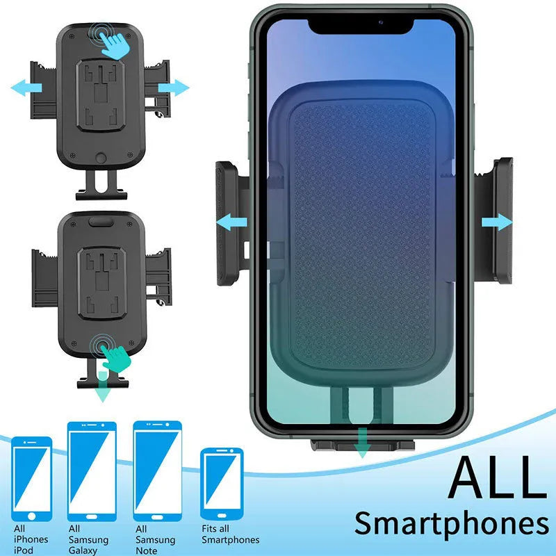Black universal car dashboard phone holder with 360-degree rotating head and adjustable height on a car dashboard.