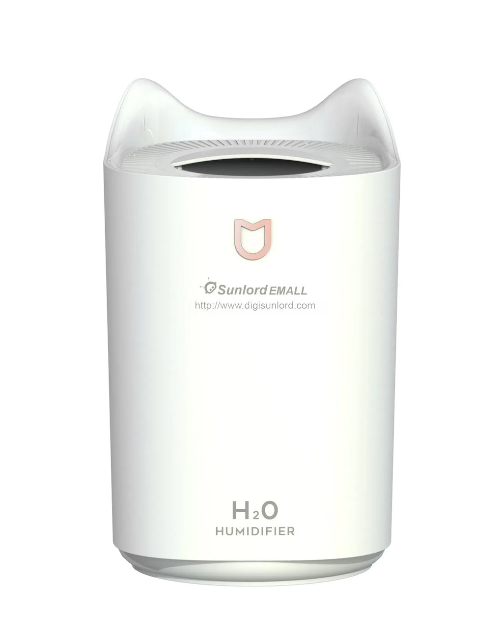 Coral pink USB humidifier with three fog outlets on bedside table