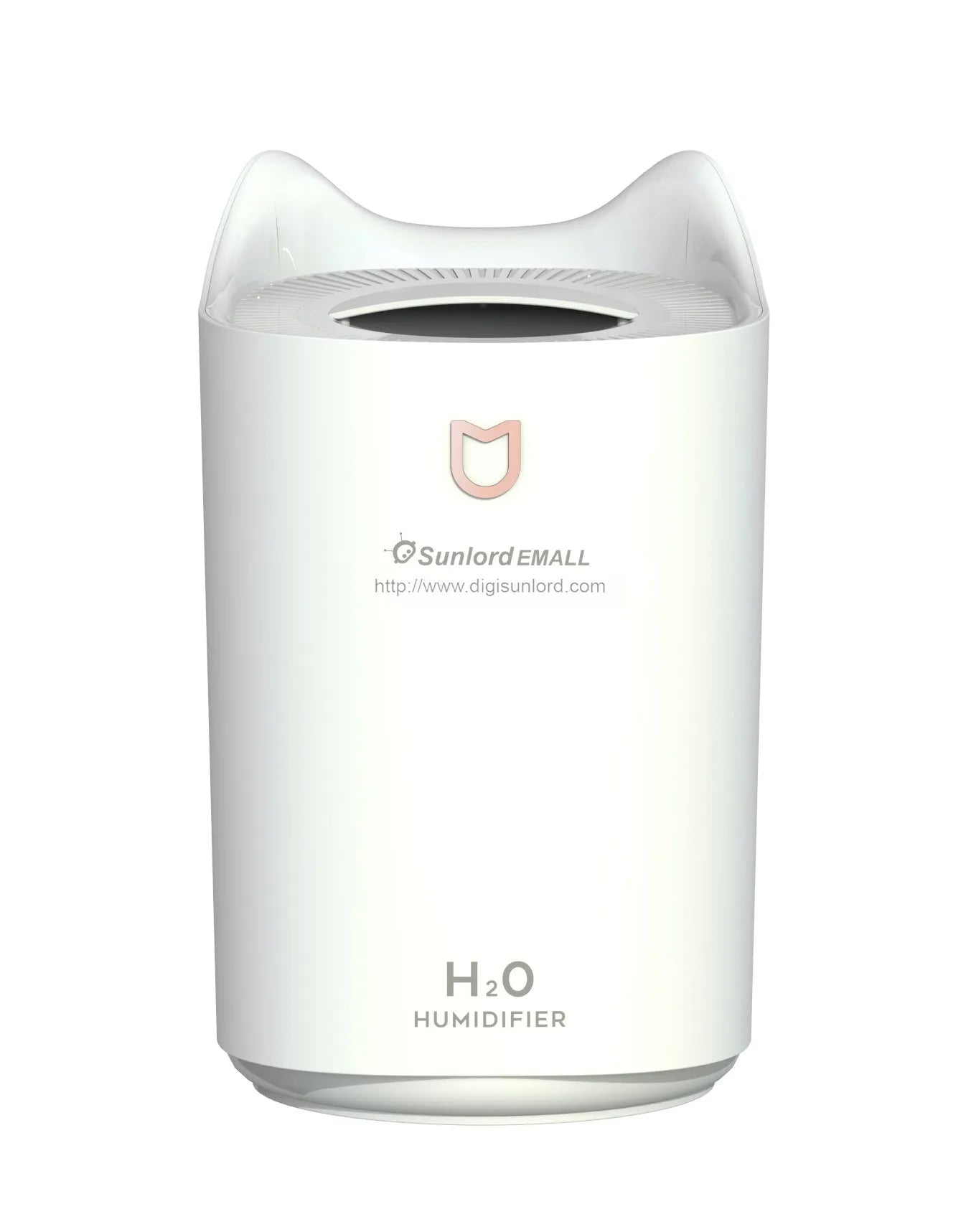 Coral pink USB humidifier with three fog outlets on bedside table
