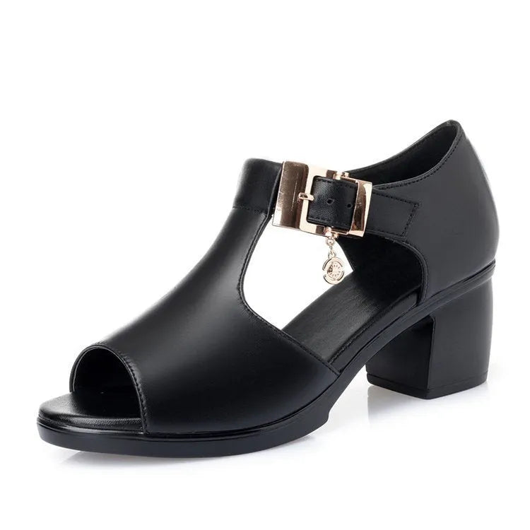 Women's thick heel buckle sandals in Black, artificial PU upper, rubber sole, fish mouth toe, sizes 35-41