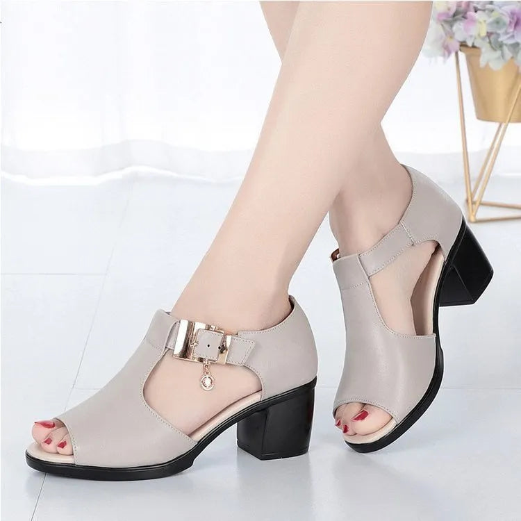 Women's thick heel buckle sandals in Black, artificial PU upper, rubber sole, fish mouth toe, sizes 35-41