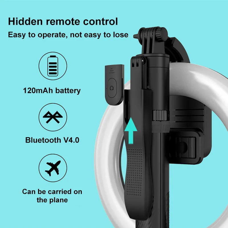 8-inch black LED ring light on tripod for mobile phone photography and live streaming