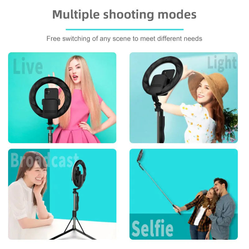 8-inch black LED ring light on tripod for mobile phone photography and live streaming
