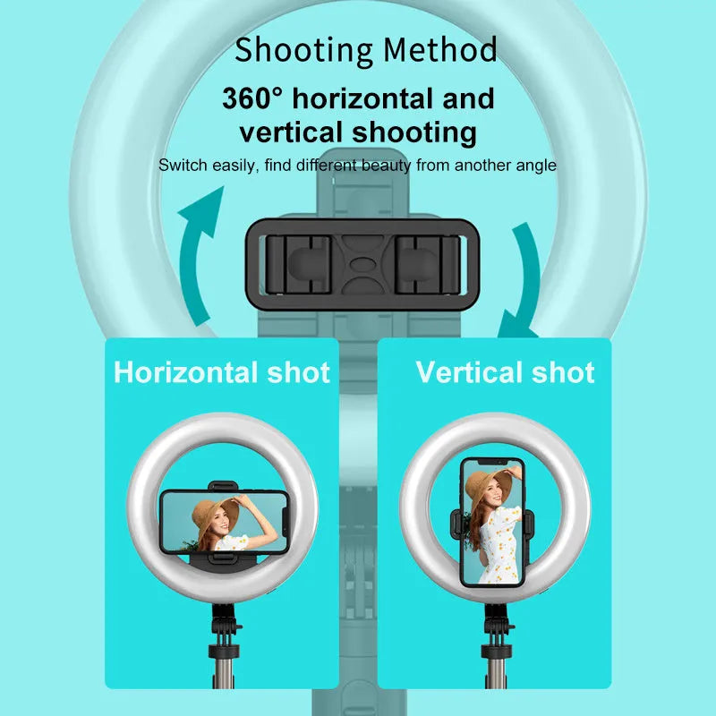8-inch black LED ring light on tripod for mobile phone photography and live streaming
