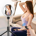 8-inch black LED ring light on tripod for mobile phone photography and live streaming