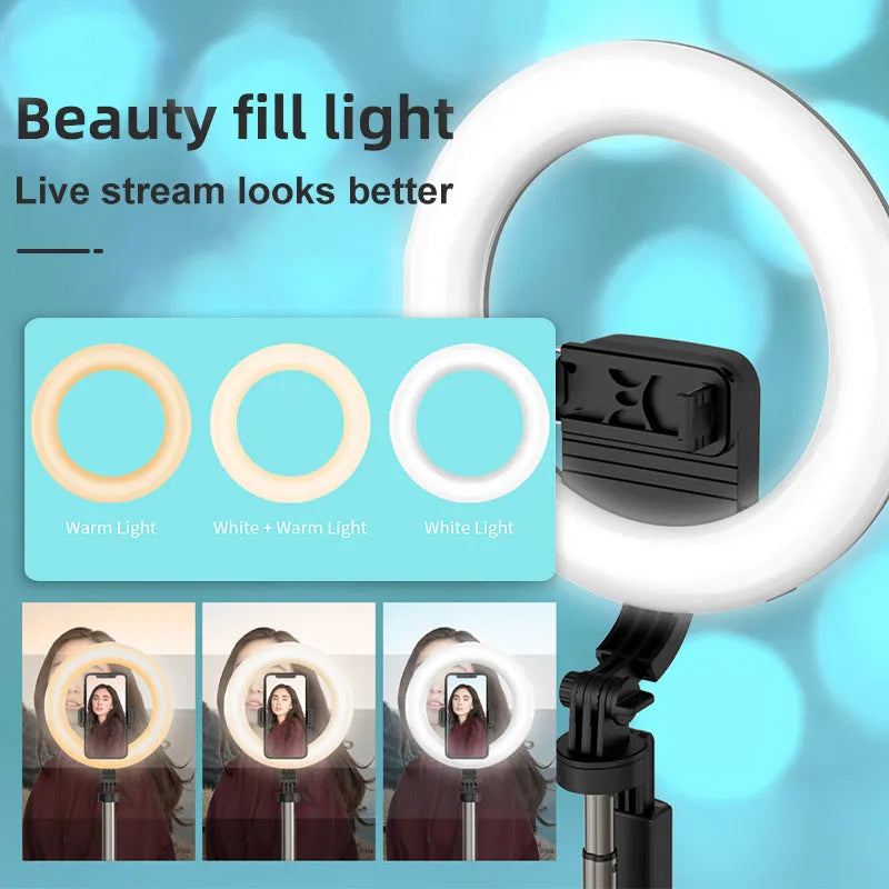 8-inch black LED ring light on tripod for mobile phone photography and live streaming