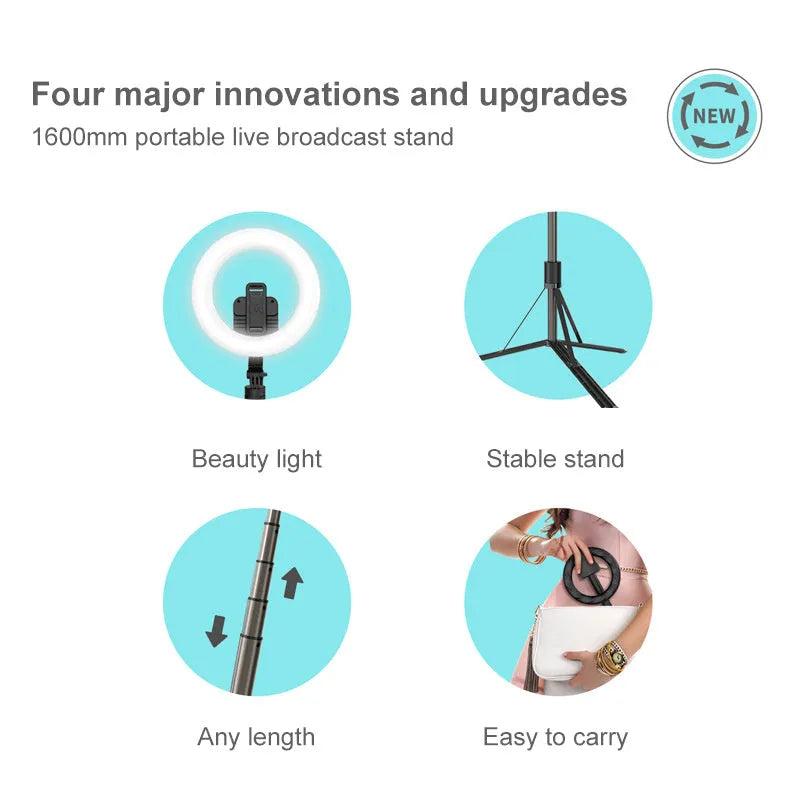 8-inch black LED ring light on tripod for mobile phone photography and live streaming