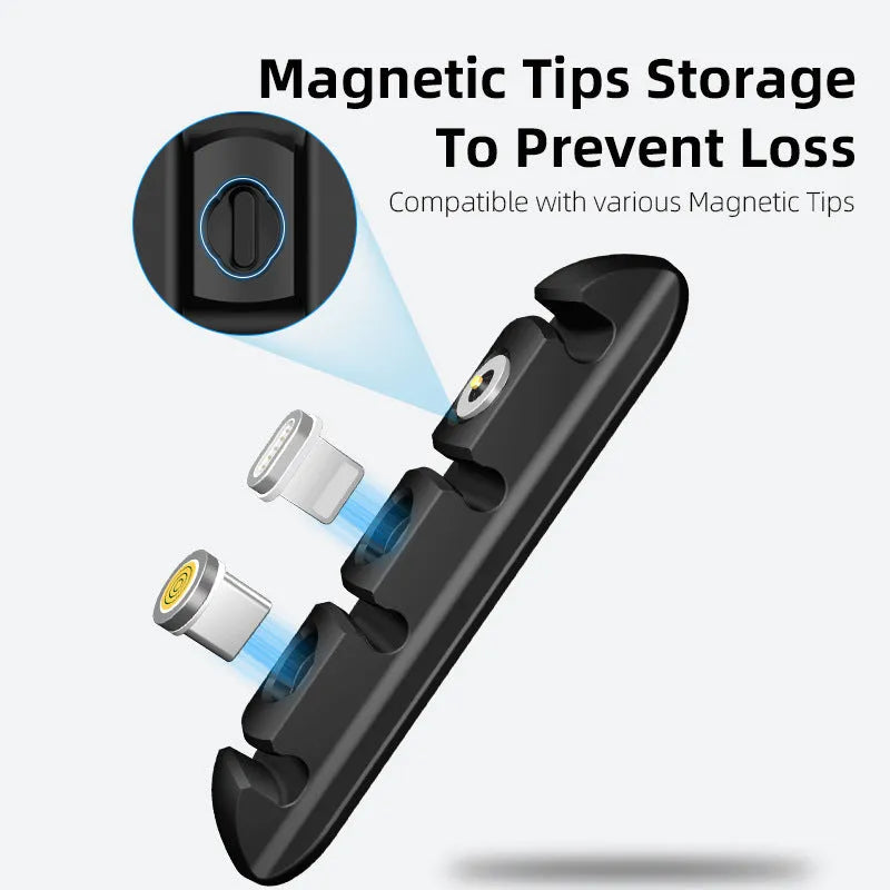 Black soft plastic desktop charging stand with magnetic cable organiser